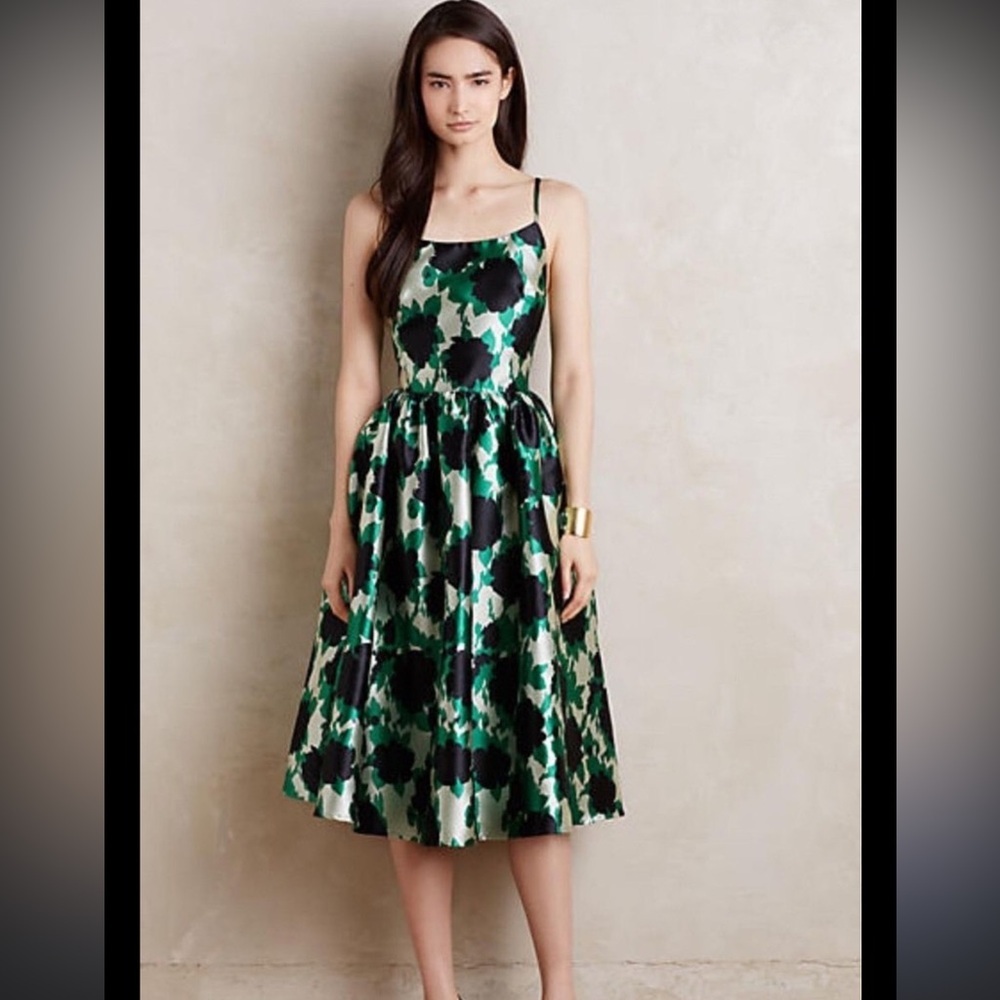 Rachel Antonoff Elora Green and Black Floral Midi Dress wedding guest prom